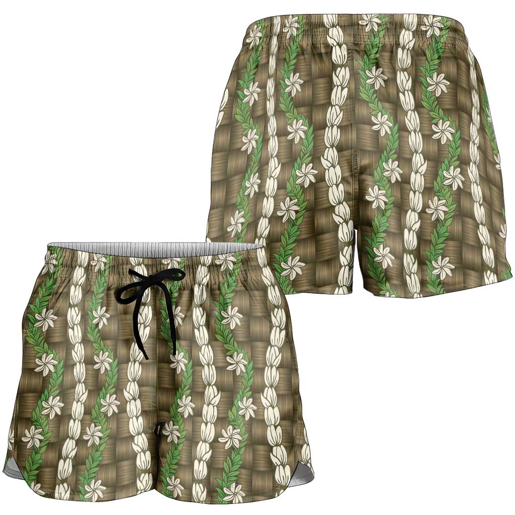 Pikake Maile Tiare Lei Shorts for Women Natural Lauhala Pattern LT01 - Polynesian Pride