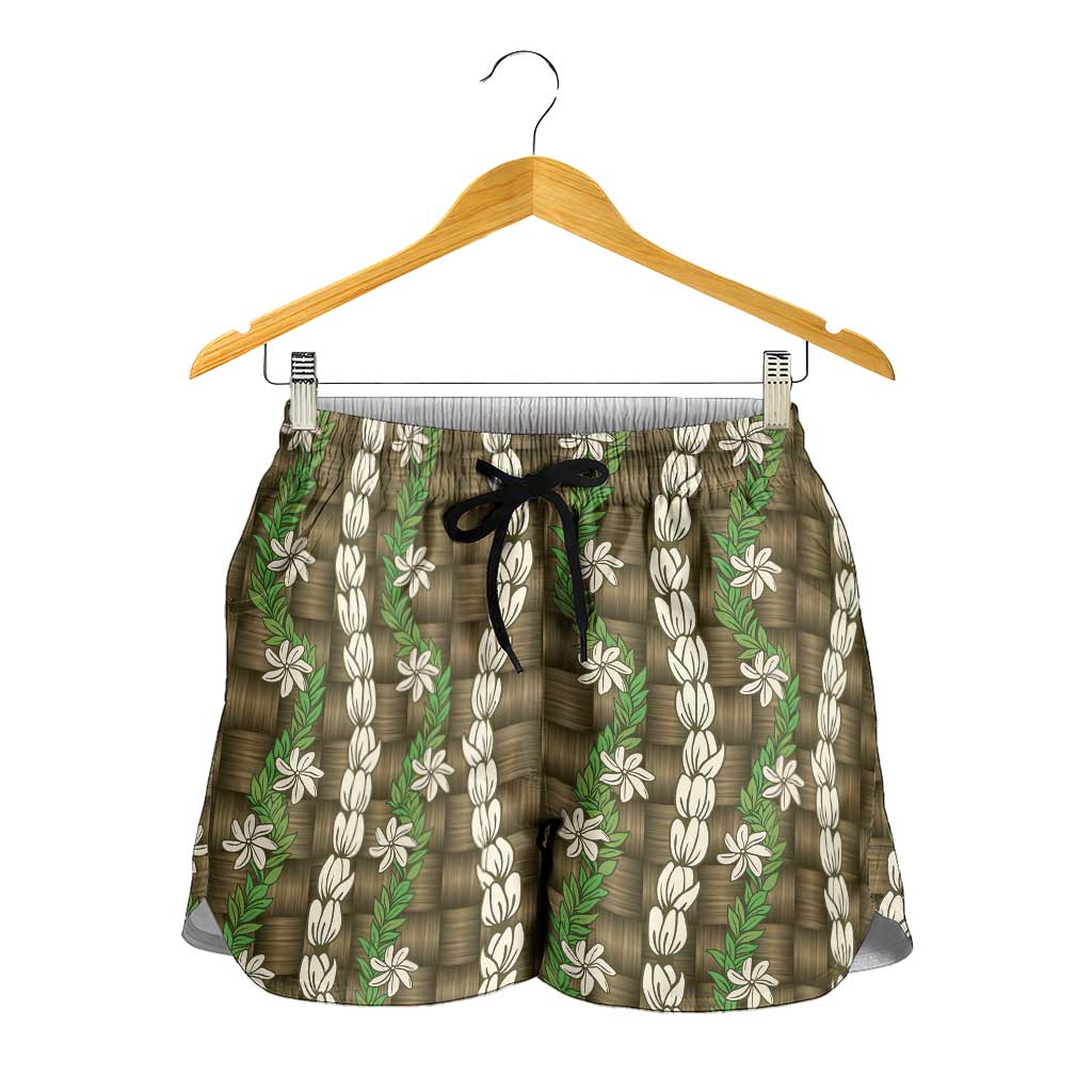 Pikake Maile Tiare Lei Shorts for Women Natural Lauhala Pattern LT01 - Polynesian Pride
