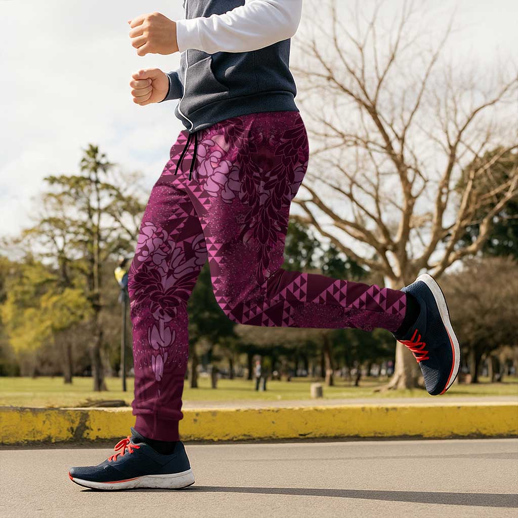 Pink Aloha Hawaii Jogger Pants Hawaiian Kakau Ohia Lehua Lei - Polynesian Pride