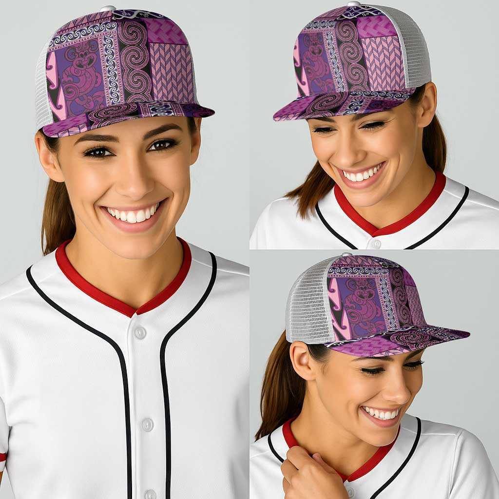 Pink Aotearoa Kowhaiwhai Pattern Baseball Net Cap NZ Maori Quilt Style - Polynesian Pride
