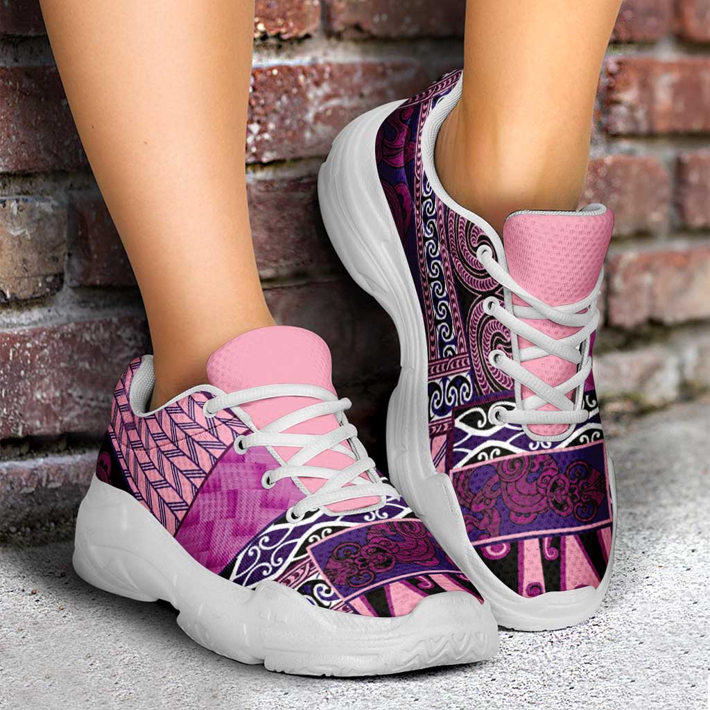 Pink Aotearoa Kowhaiwhai Pattern Chunky Sneakers NZ Maori Quilt Style - Polynesian Pride