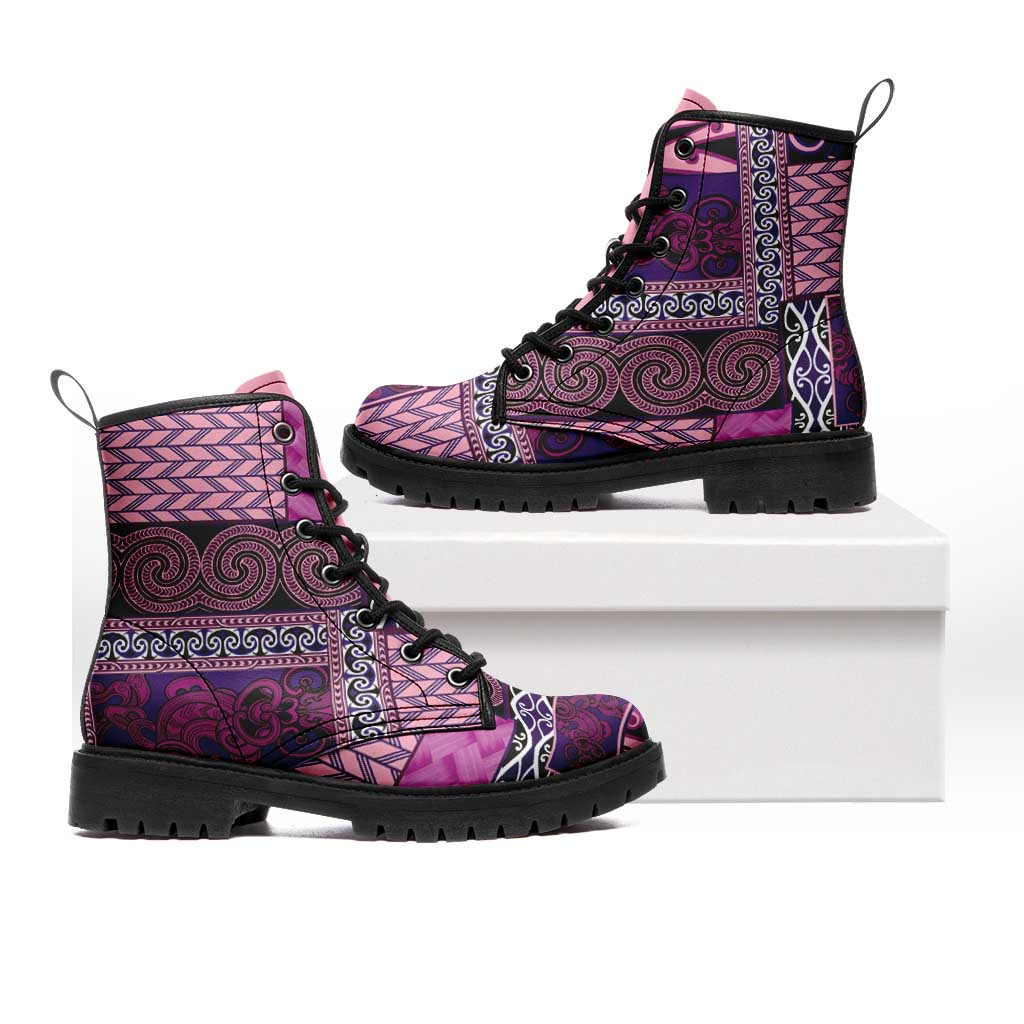 Pink Aotearoa Kowhaiwhai Pattern Leather Boots NZ Maori Quilt Style LT14 Pink - Polynesian Pride