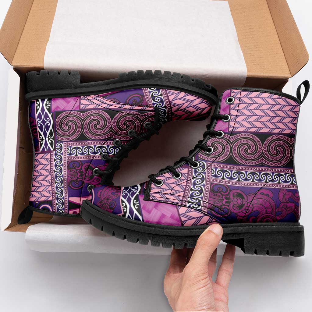 Pink Aotearoa Kowhaiwhai Pattern Leather Boots NZ Maori Quilt Style LT14 - Polynesian Pride