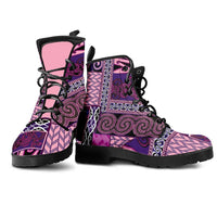 Pink Aotearoa Kowhaiwhai Pattern Leather Boots NZ Maori Quilt Style LT14 - Polynesian Pride