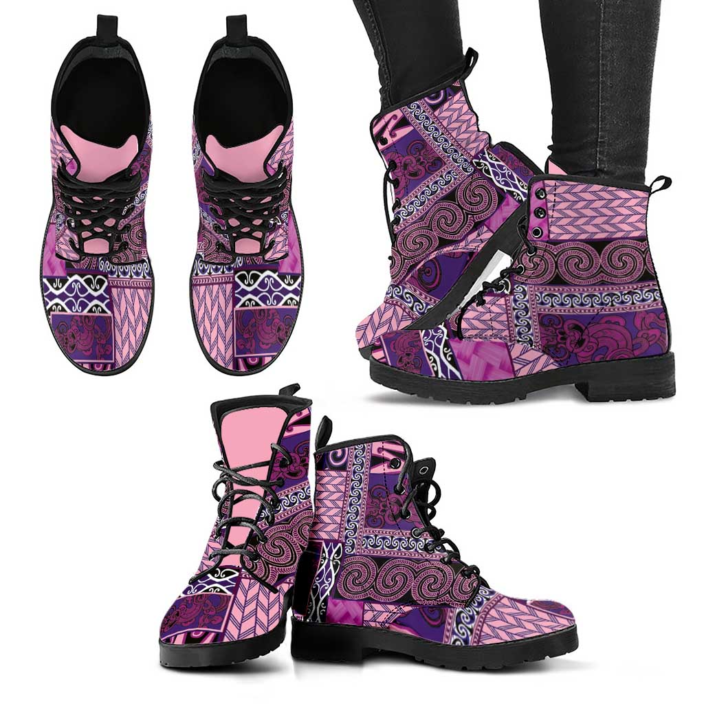 Pink Aotearoa Kowhaiwhai Pattern Leather Boots NZ Maori Quilt Style LT14 - Polynesian Pride