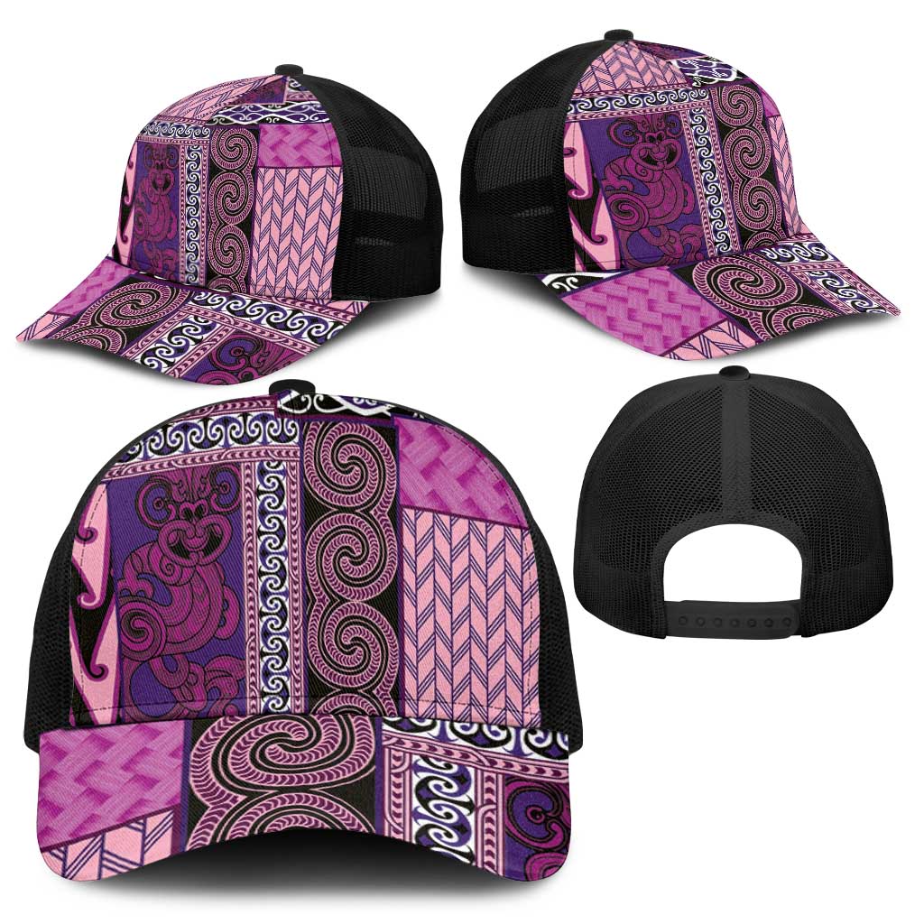 Pink Aotearoa Kowhaiwhai Pattern Mesh Trucker Cap NZ Maori Quilt Style - Polynesian Pride