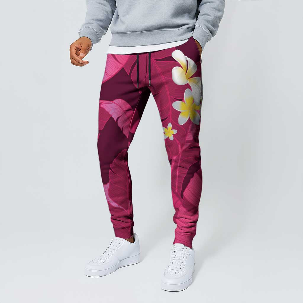Pink Banana Leaf Hawaii Jogger Pants Lau Maia Plumeria Tropical Summer Vibes LT14 - Polynesian Pride