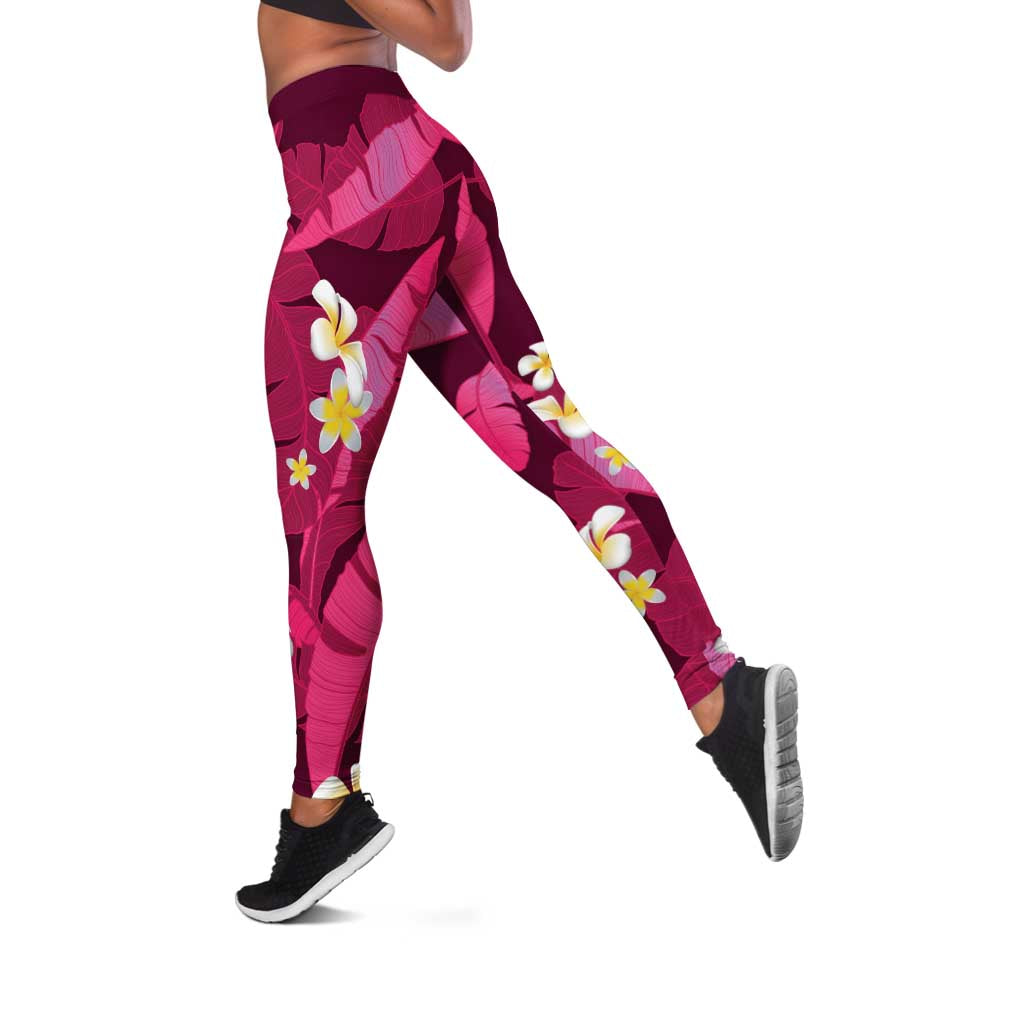 Pink Banana Leaf Hawaii Leggings Lau Maia Plumeria Tropical Summer Vibes LT14 Pink - Polynesian Pride