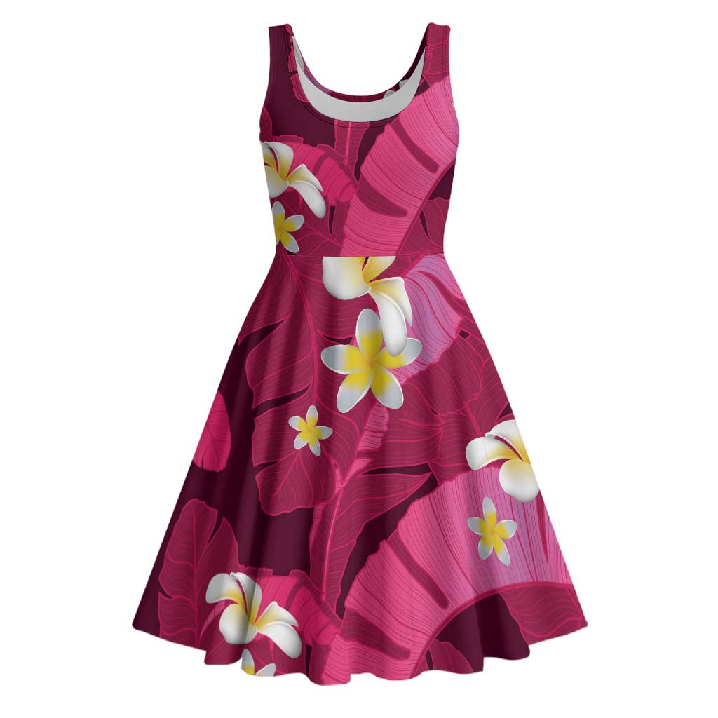 Pink Banana Leaf Hawaii Midi Dress Lau Maia Plumeria Tropical Summer Vibes LT14 Pink - Polynesian Pride