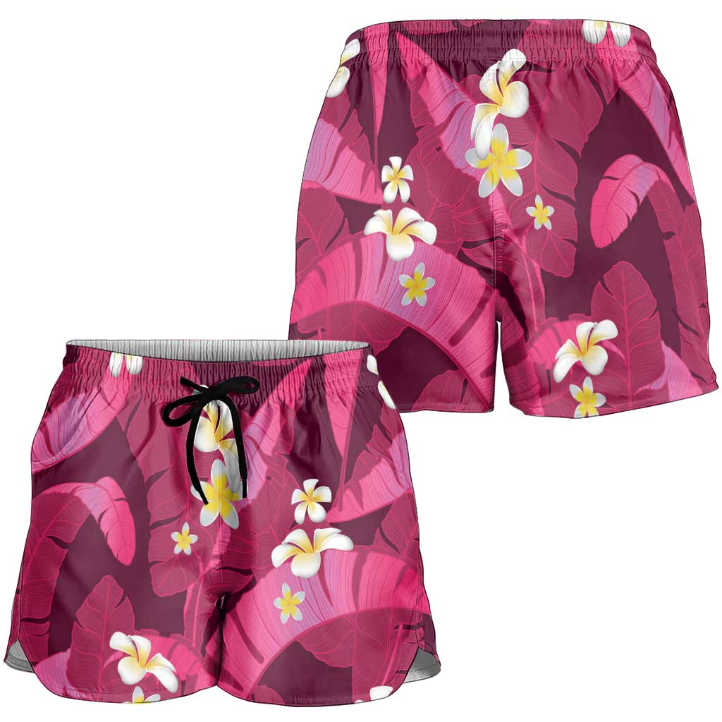 Pink Banana Leaf Hawaii Shorts for Women Lau Maia Plumeria Tropical Summer Vibes LT14 - Polynesian Pride