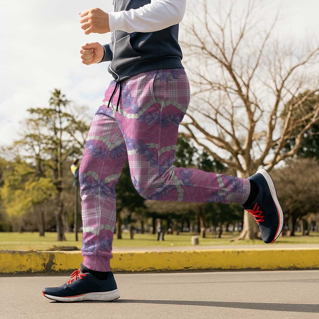 Pink Hawaii Palaka Honohono Pikake Jogger Pants Hawaiian Orchid Lei Polynesian Pattern LT14 - Polynesian Pride