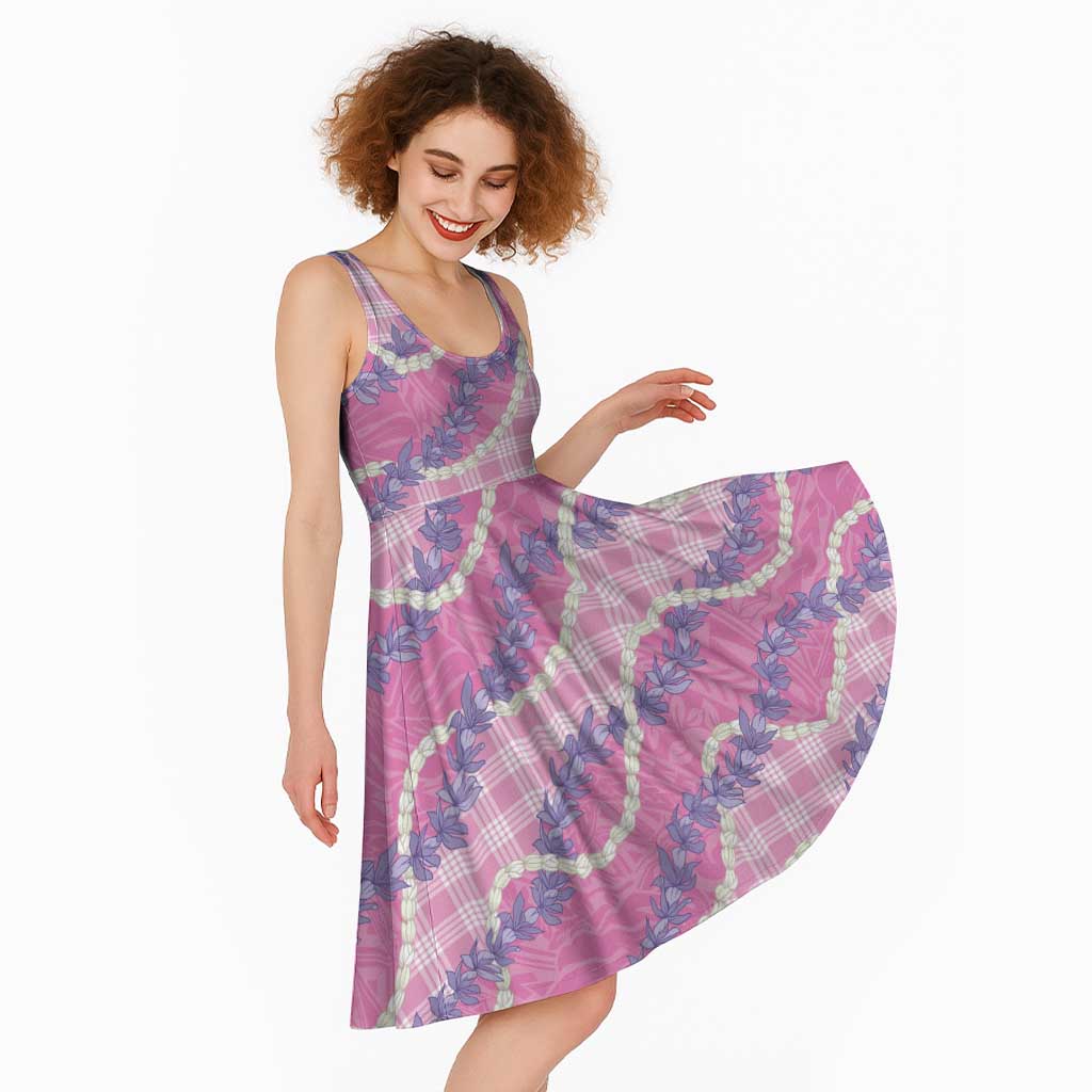 Pink Hawaii Palaka Honohono Pikake Midi Dress Hawaiian Orchid Lei Polynesian Pattern - Polynesian Pride