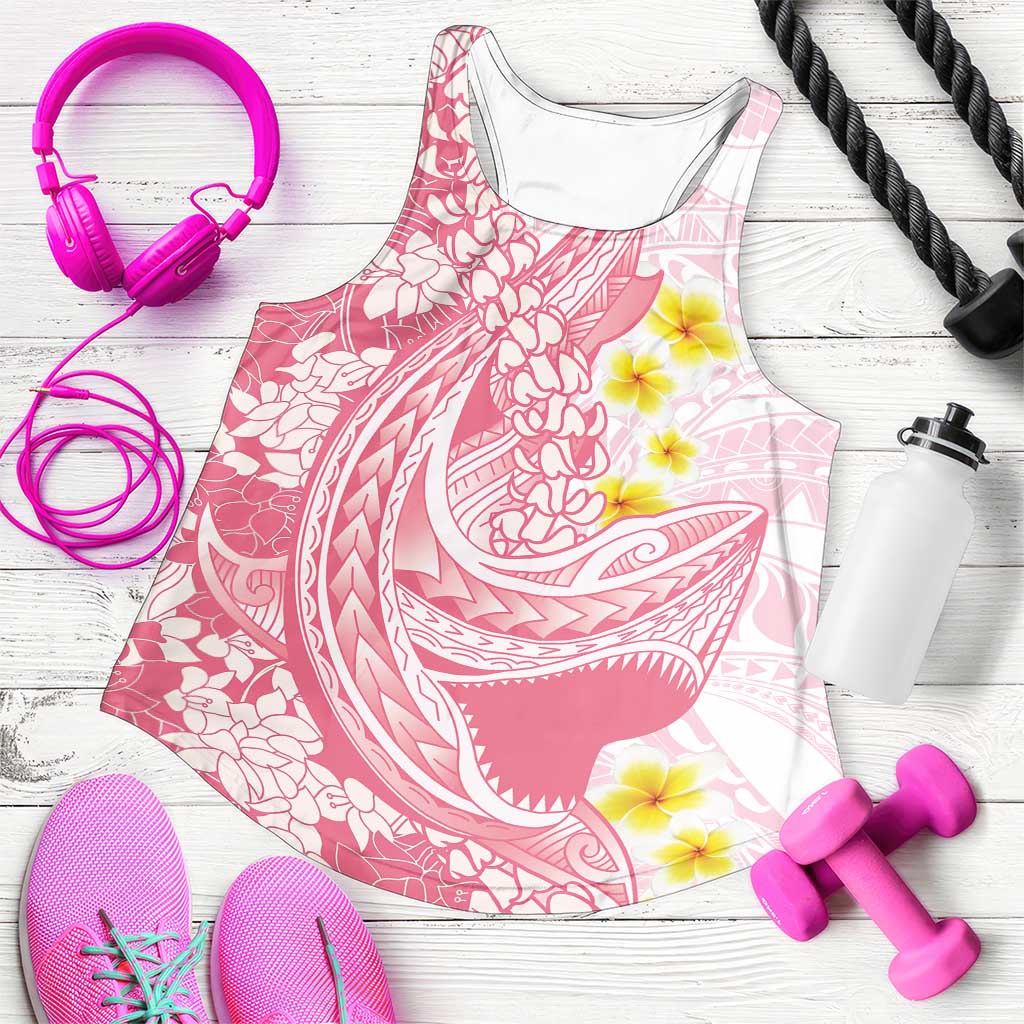 Pink Hawaii Shark Tattoo Women Racerback Tank Puakenikeni Lei Plumeria Polynesian Pattern