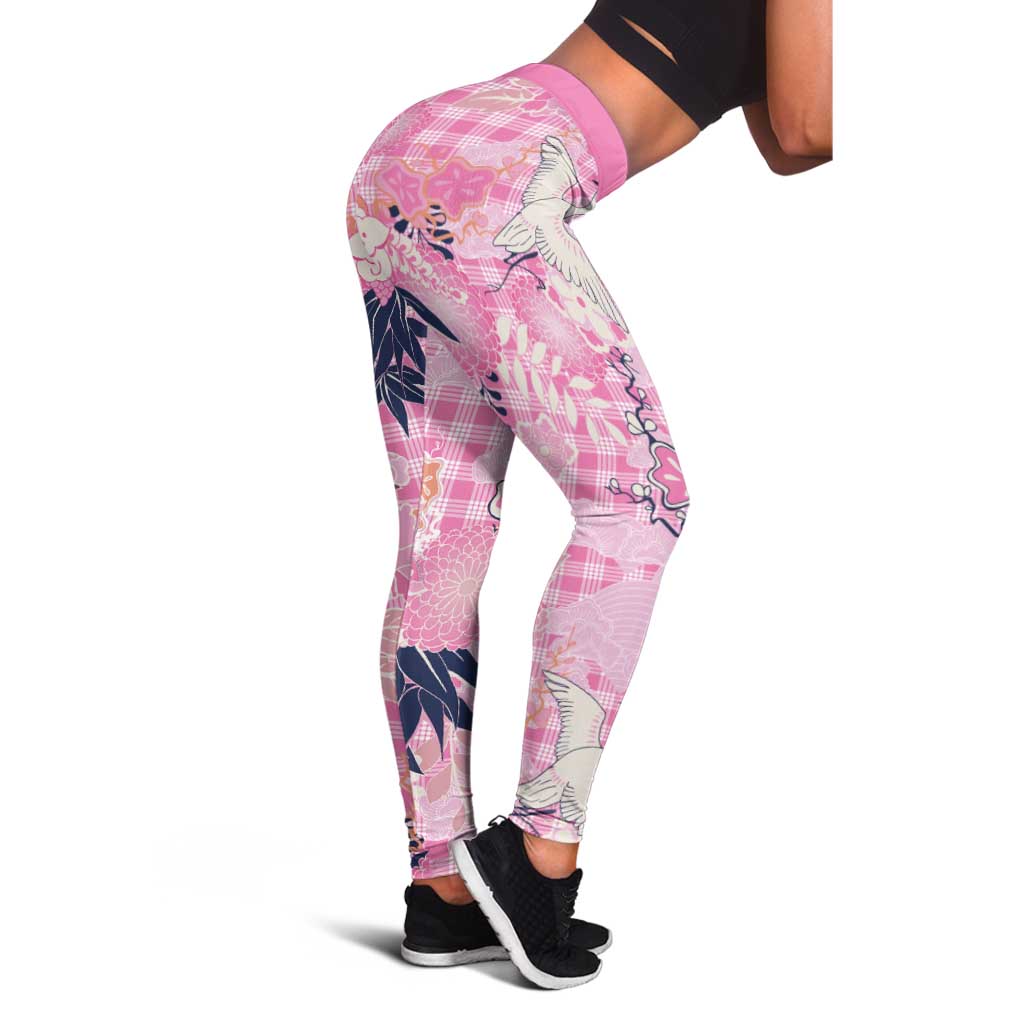 Pink Palaka Crane and Flowers Leggings Japan Heritage Spirit - Polynesian Pride