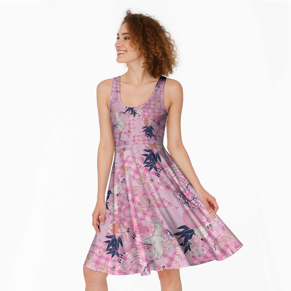 Pink Palaka Crane and Flowers Midi Dress Japan Heritage Spirit - Polynesian Pride