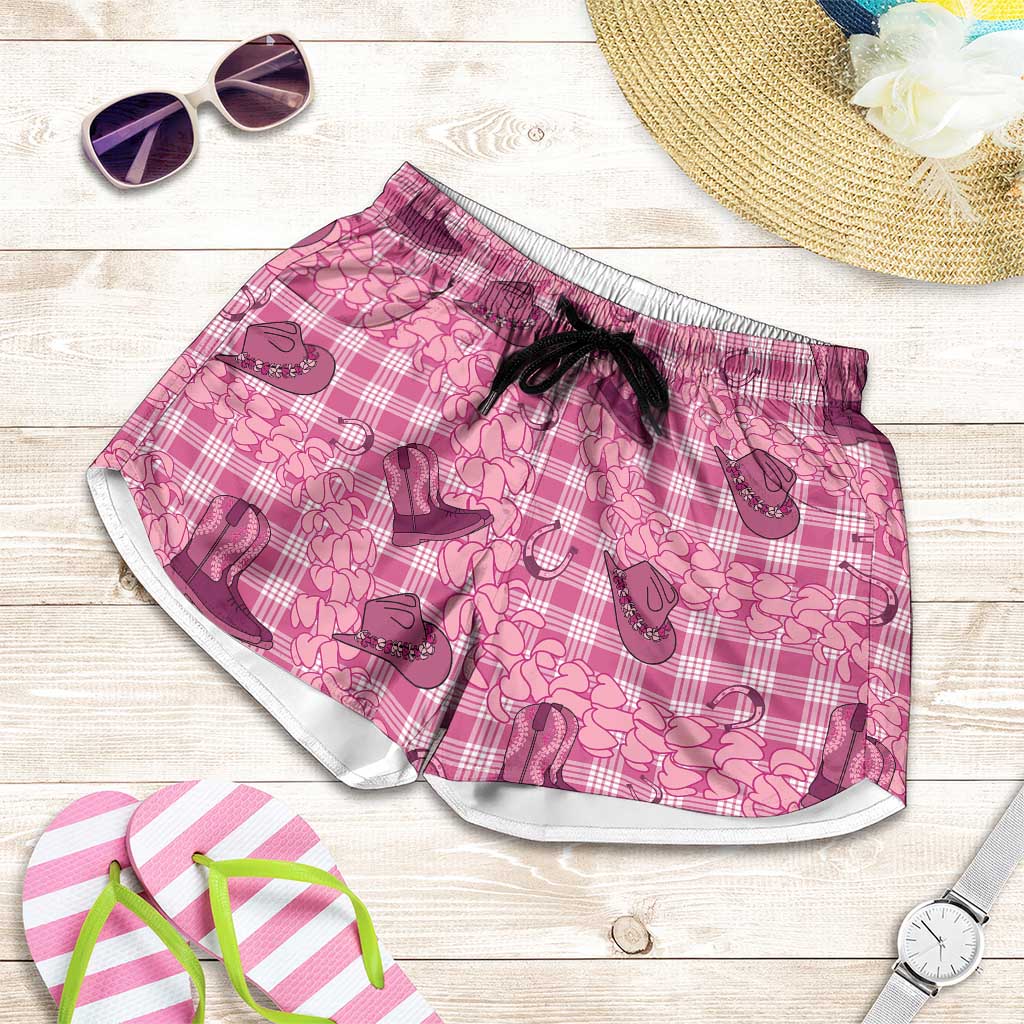 Pink Palaka Hawaii Cowboy Shorts for Women Puakenikeni Lei Paniolo Papale Seamless Vibes LT14 Pink - Polynesian Pride