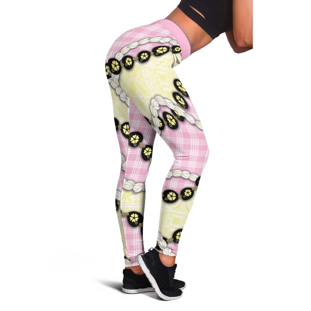 Pink Palaka Hawaii Leggings Kukui Nut Pikake Lei Hawaiian Tapa Pattern - Polynesian Pride