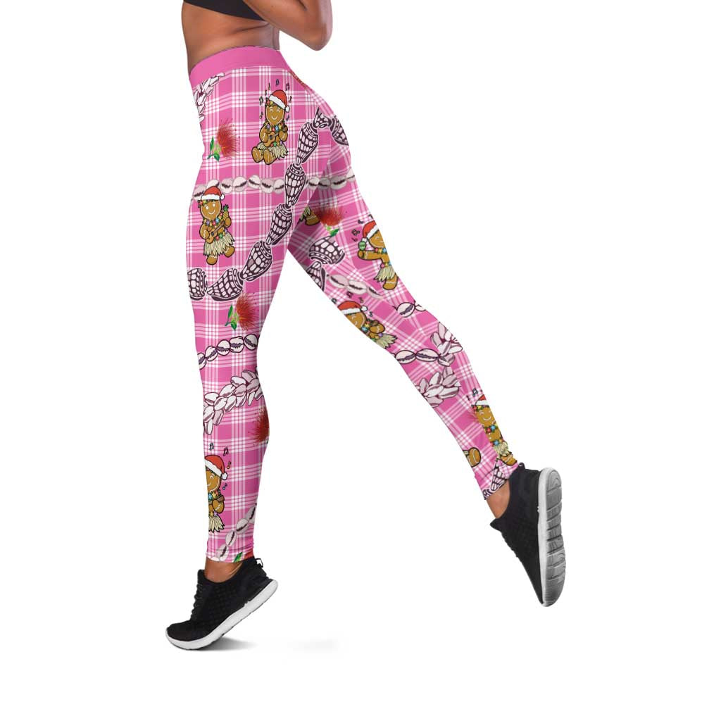 Pink Palaka Hawaii Mele Kalikimaka Leggings Ohia Lehua Shell Leis Funny Gingerbread Santa LT14 Pink - Polynesian Pride