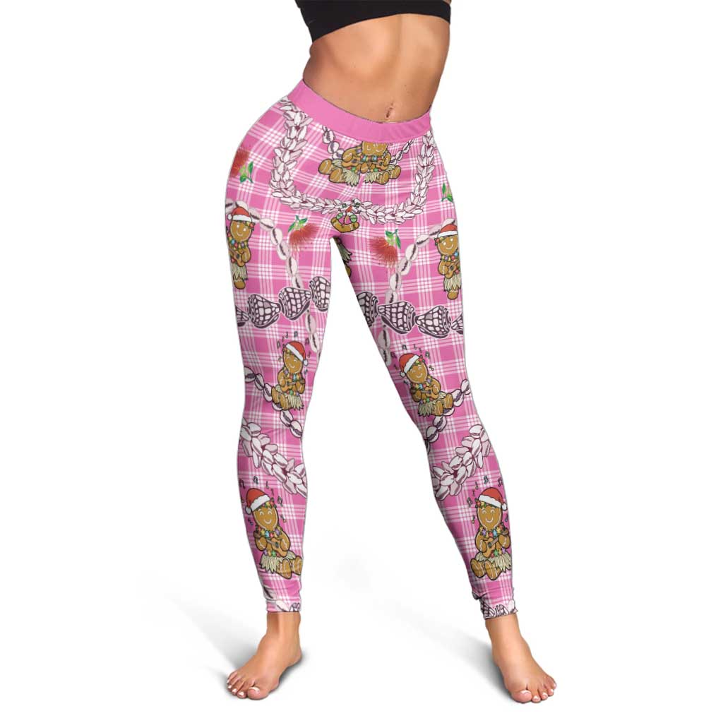 Pink Palaka Hawaii Mele Kalikimaka Leggings Ohia Lehua Shell Leis Funny Gingerbread Santa LT14 - Polynesian Pride