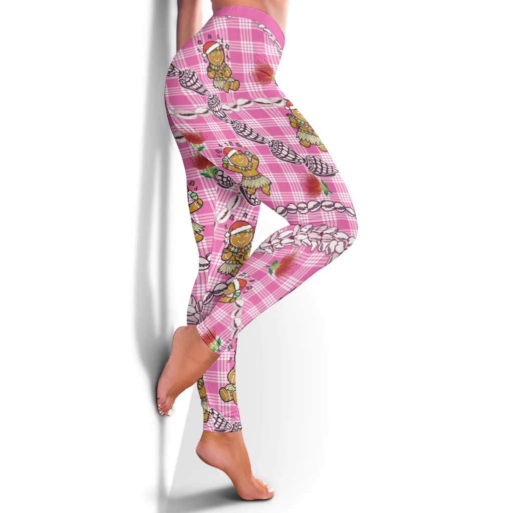 Pink Palaka Hawaii Mele Kalikimaka Leggings Ohia Lehua Shell Leis Funny Gingerbread Santa LT14 - Polynesian Pride
