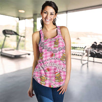 Pink Palaka Hawaii Mele Kalikimaka Women Racerback Tank Ohia Lehua Shell Leis Funny Gingerbread Santa - Polynesian Pride