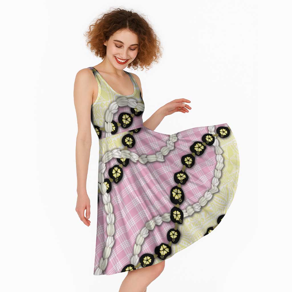 Pink Palaka Hawaii Midi Dress Kukui Nut Pikake Lei Hawaiian Tapa Pattern - Polynesian Pride