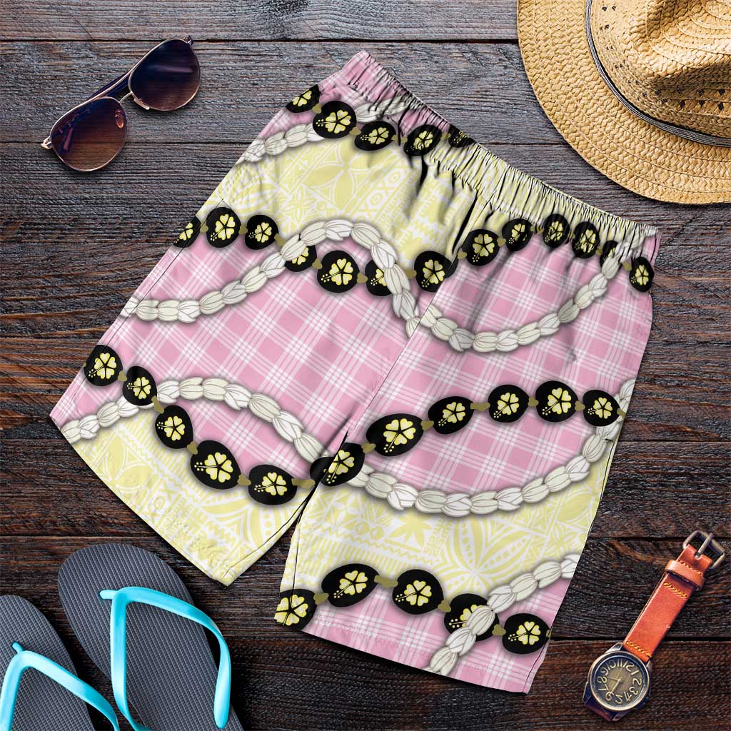 Pink Palaka Hawaii Shorts for Men Kukui Nut Pikake Lei Hawaiian Tapa Pattern - Polynesian Pride