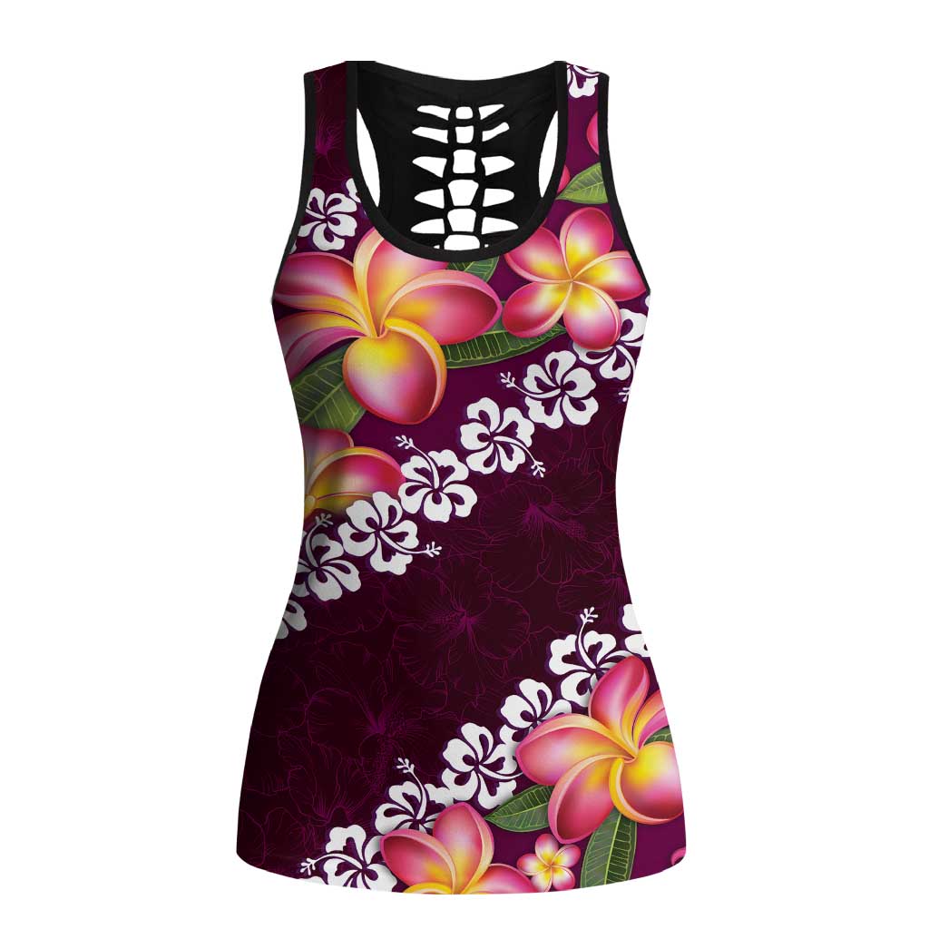 Pink Polynesia Hollow Tank Top Plumeria With Hibiscus Pattern Tropical Vibes - Polynesian Pride