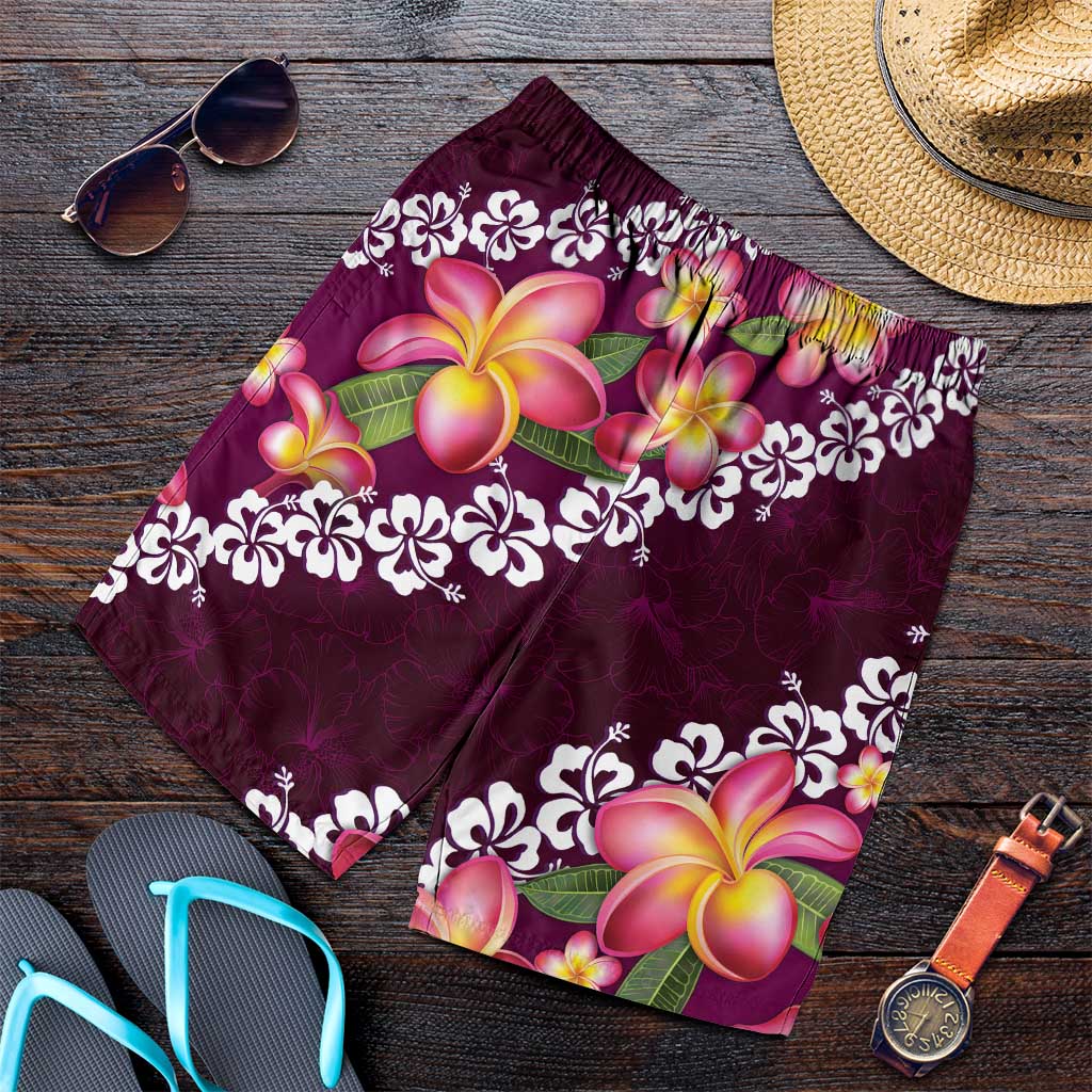 Pink Polynesia Shorts for Men Plumeria With Hibiscus Pattern Tropical Vibes - Polynesian Pride