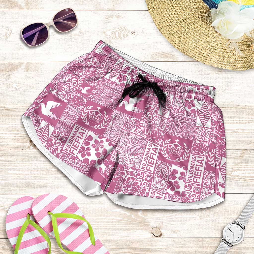 Pink Tonga Kilisimasi Fiefia Shorts for Women Pacific Patchwork Xmas Vibes LT9 Pink - Polynesian Pride