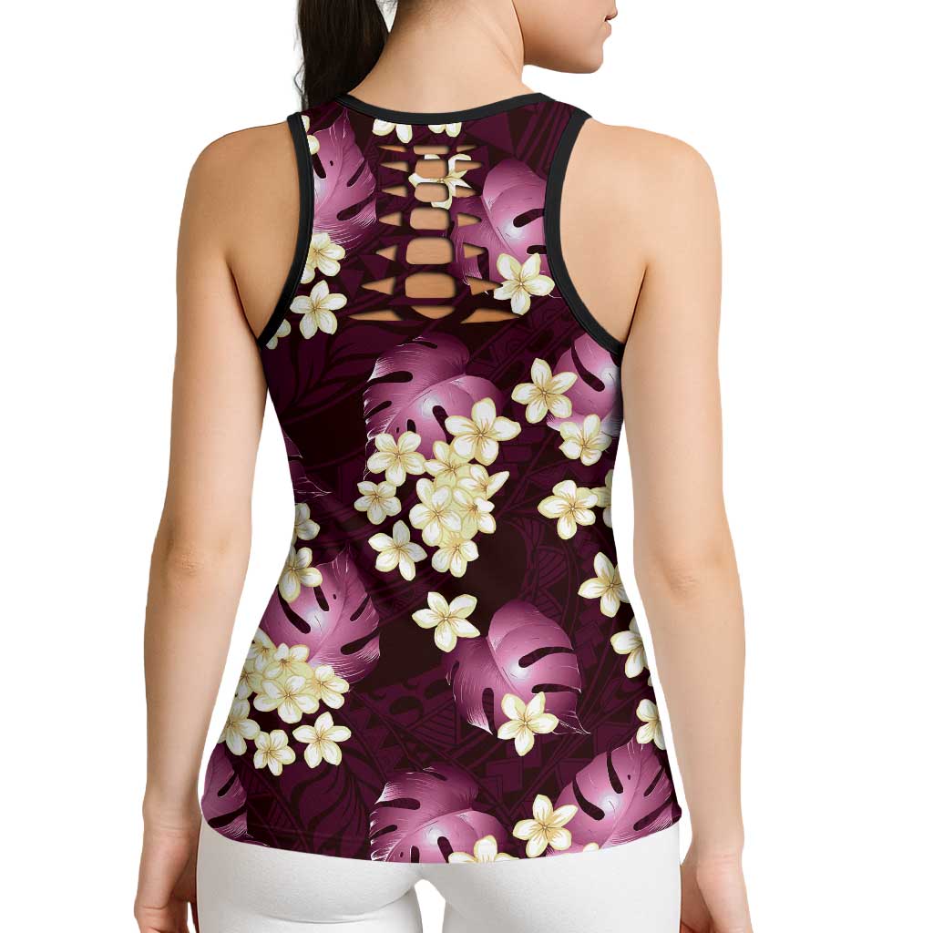 Pink Tropical Hawaii Hollow Tank Top Seamless Monstera Plumeria Hawaiian Pattern - Polynesian Pride