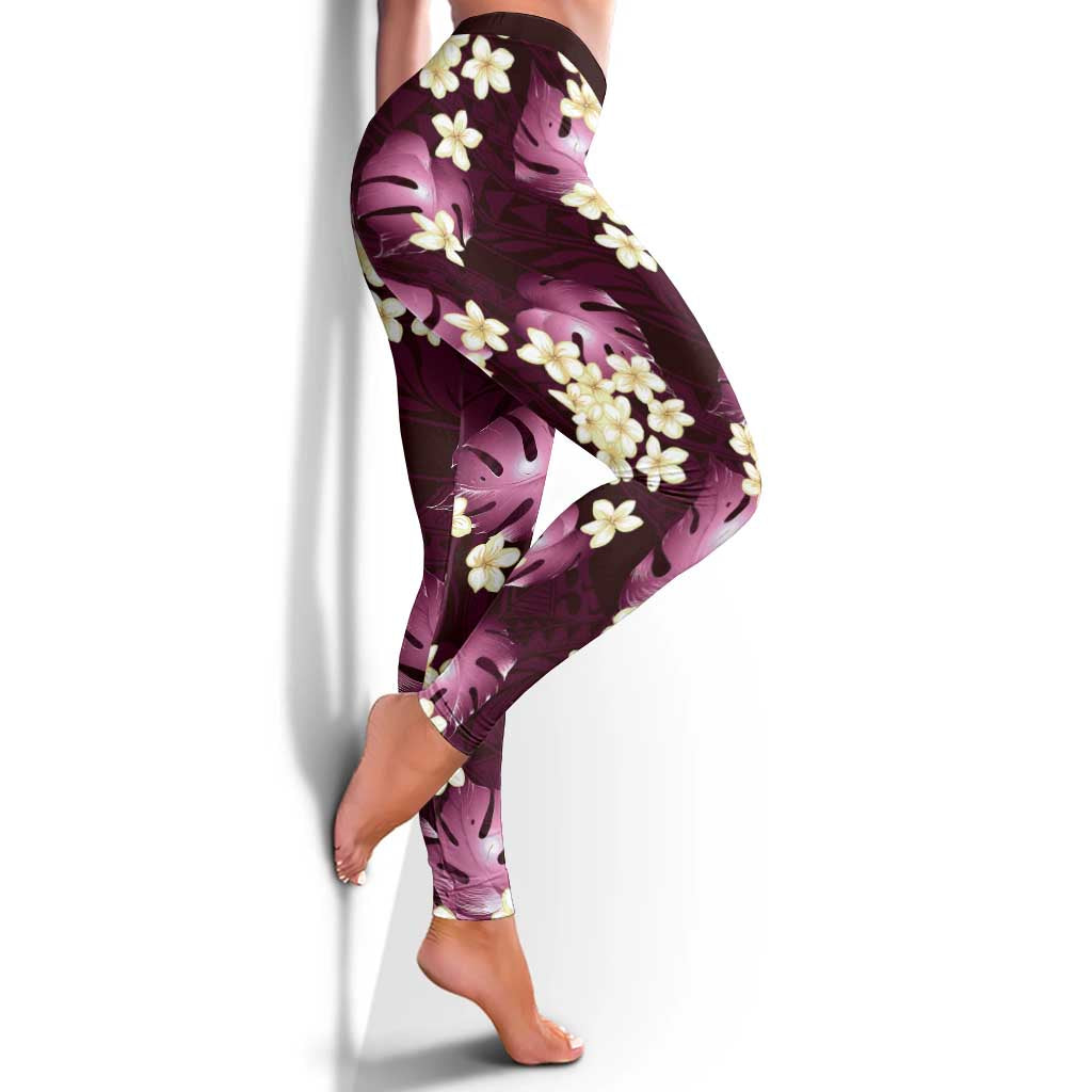 Pink Tropical Hawaii Leggings Seamless Monstera Plumeria Hawaiian Pattern - Polynesian Pride