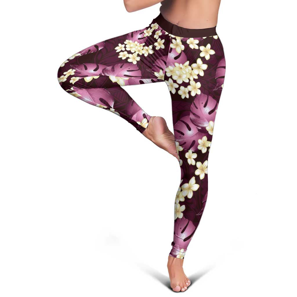 Pink Tropical Hawaii Leggings Seamless Monstera Plumeria Hawaiian Pattern - Polynesian Pride