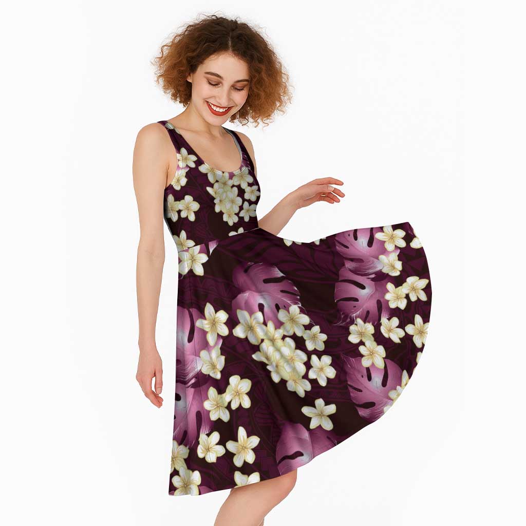 Pink Tropical Hawaii Midi Dress Seamless Monstera Plumeria Hawaiian Pattern - Polynesian Pride