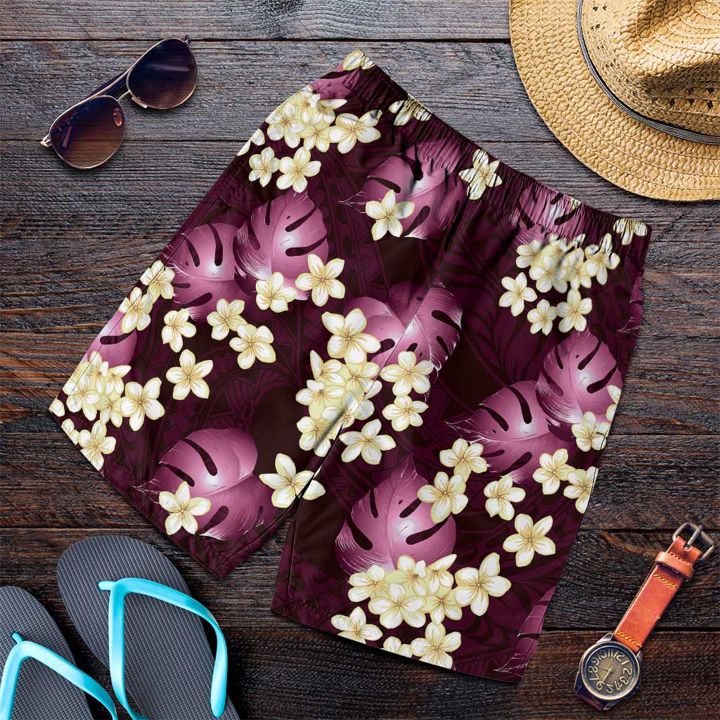 Pink Tropical Hawaii Shorts for Men Seamless Monstera Plumeria Hawaiian Pattern - Polynesian Pride