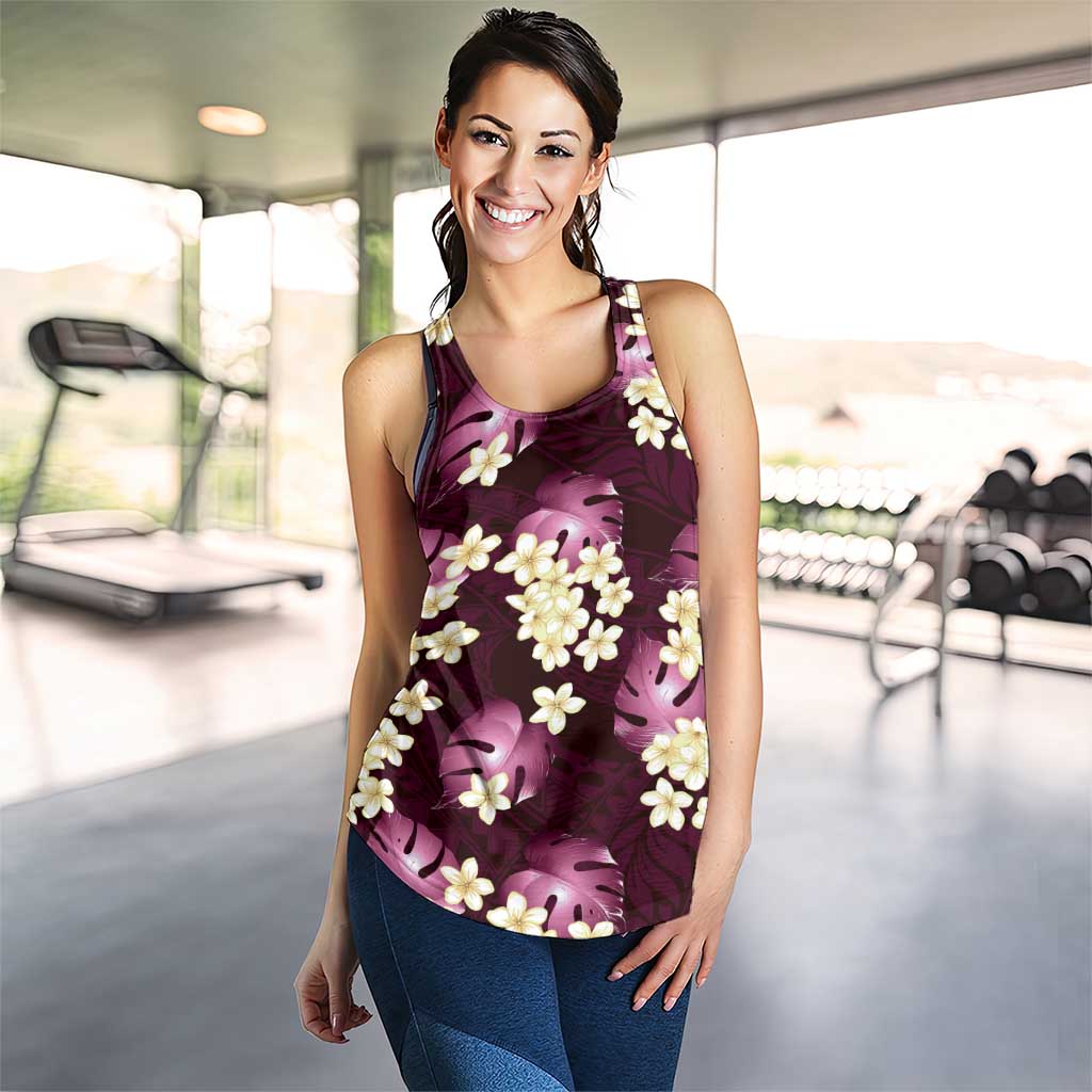 Pink Tropical Hawaii Women Racerback Tank Seamless Monstera Plumeria Hawaiian Pattern - Polynesian Pride