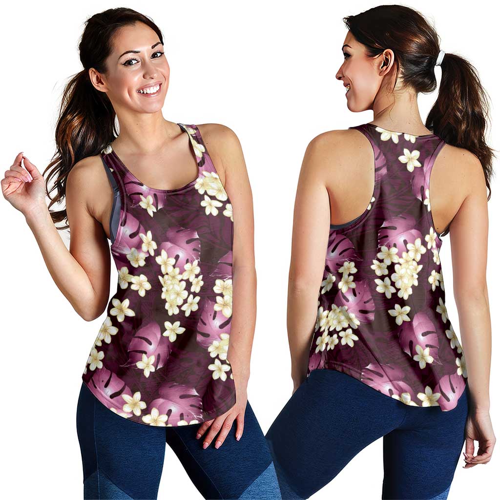 Pink Tropical Hawaii Women Racerback Tank Seamless Monstera Plumeria Hawaiian Pattern - Polynesian Pride