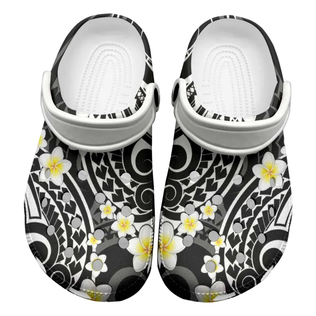 Plumeria With Black Polynesian Tattoo Pattern Clogs Shoes - Polynesian Pride