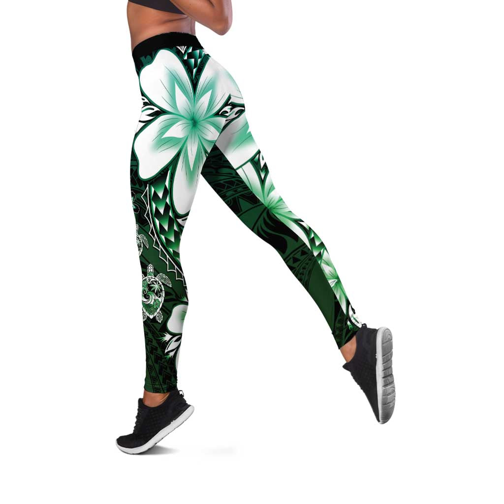 Polynesia Romantic Valentine Leggings Sea Turtle Couple With Aqua Gradient Plumeria