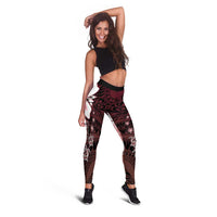 Polynesia Romantic Valentine Leggings Sea Turtle Couple With Red Gradient Plumeria