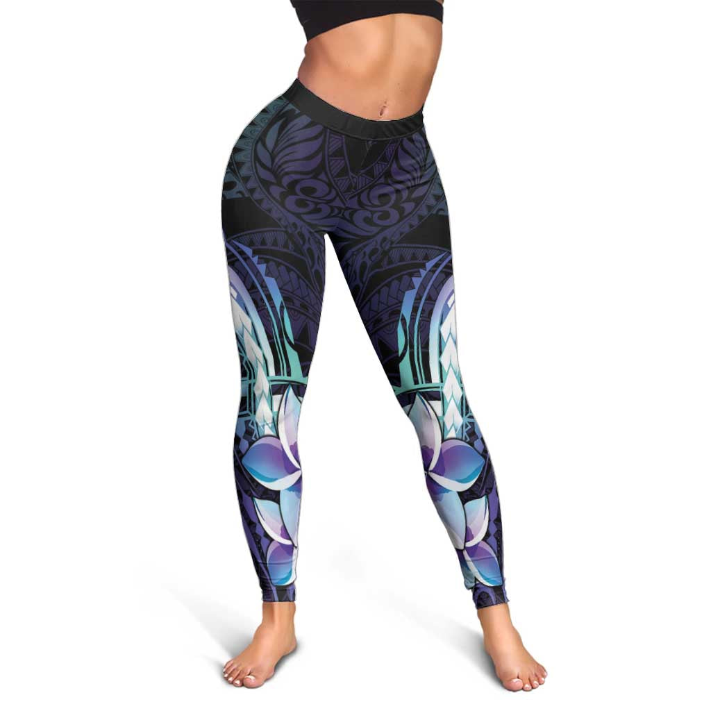 Polynesian Art Tattoo Leggings Plumeria Flowers Turquoise Gradient