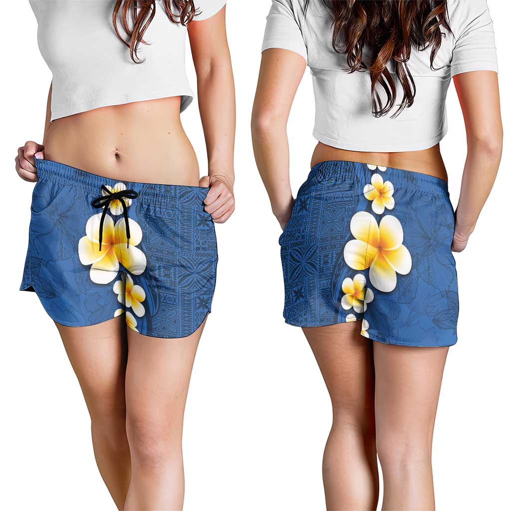Polynesian Hibiscus and Plumeria Tapa Pattern Shorts for Women Blue Color - Polynesian Pride