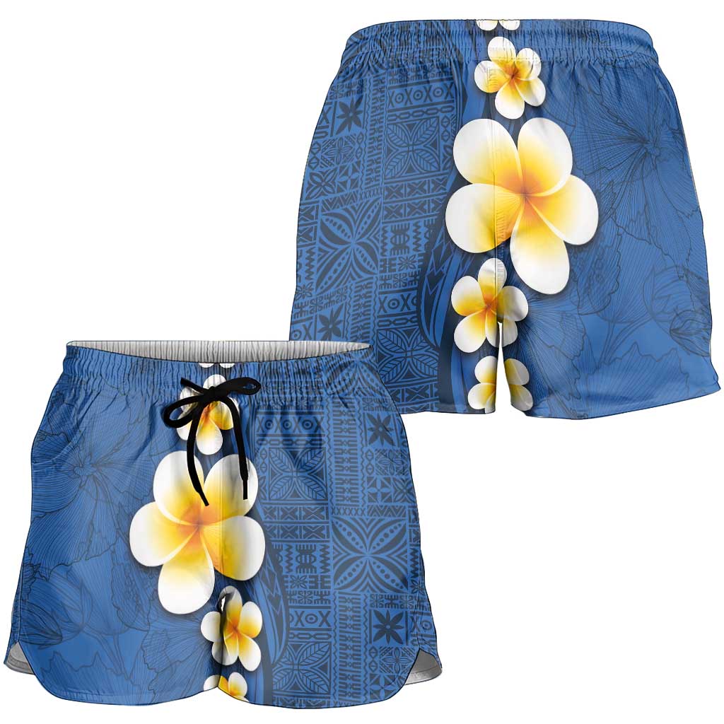 Polynesian Hibiscus and Plumeria Tapa Pattern Shorts for Women Blue Color - Polynesian Pride