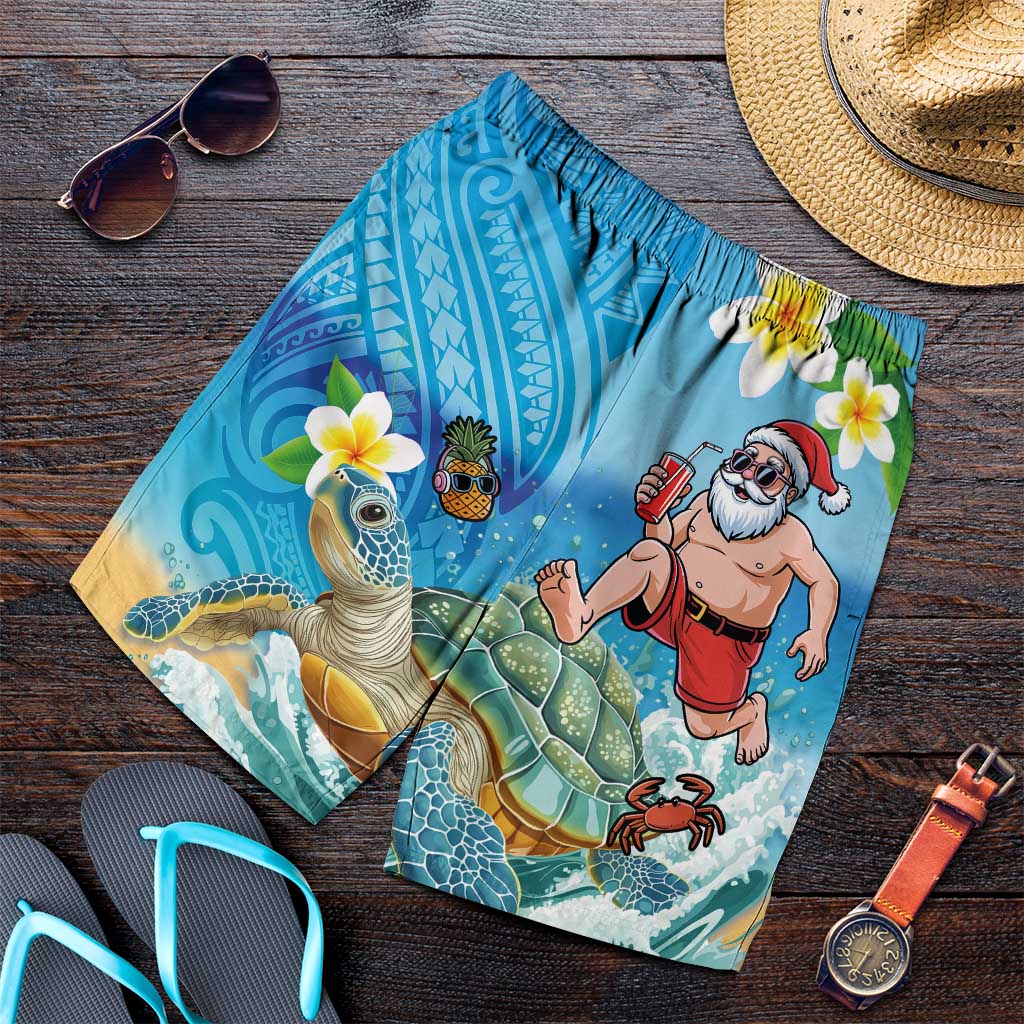 Polynesian Merry Christmas Shorts for Men Funny Santa with Sea Turtle on Beach and Plumeria LT03 Multicolor - Polynesian Pride