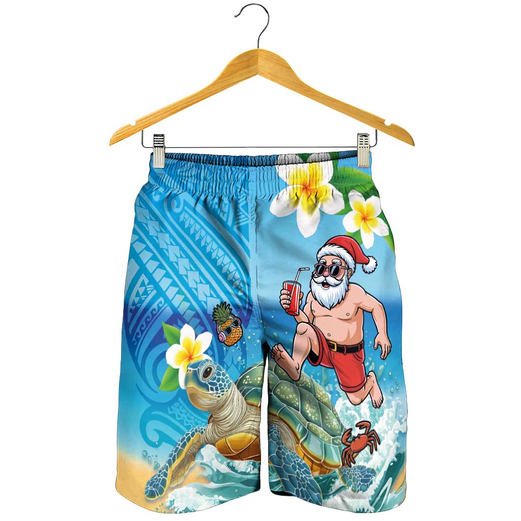 Polynesian Merry Christmas Shorts for Men Funny Santa with Sea Turtle on Beach and Plumeria LT03 - Polynesian Pride