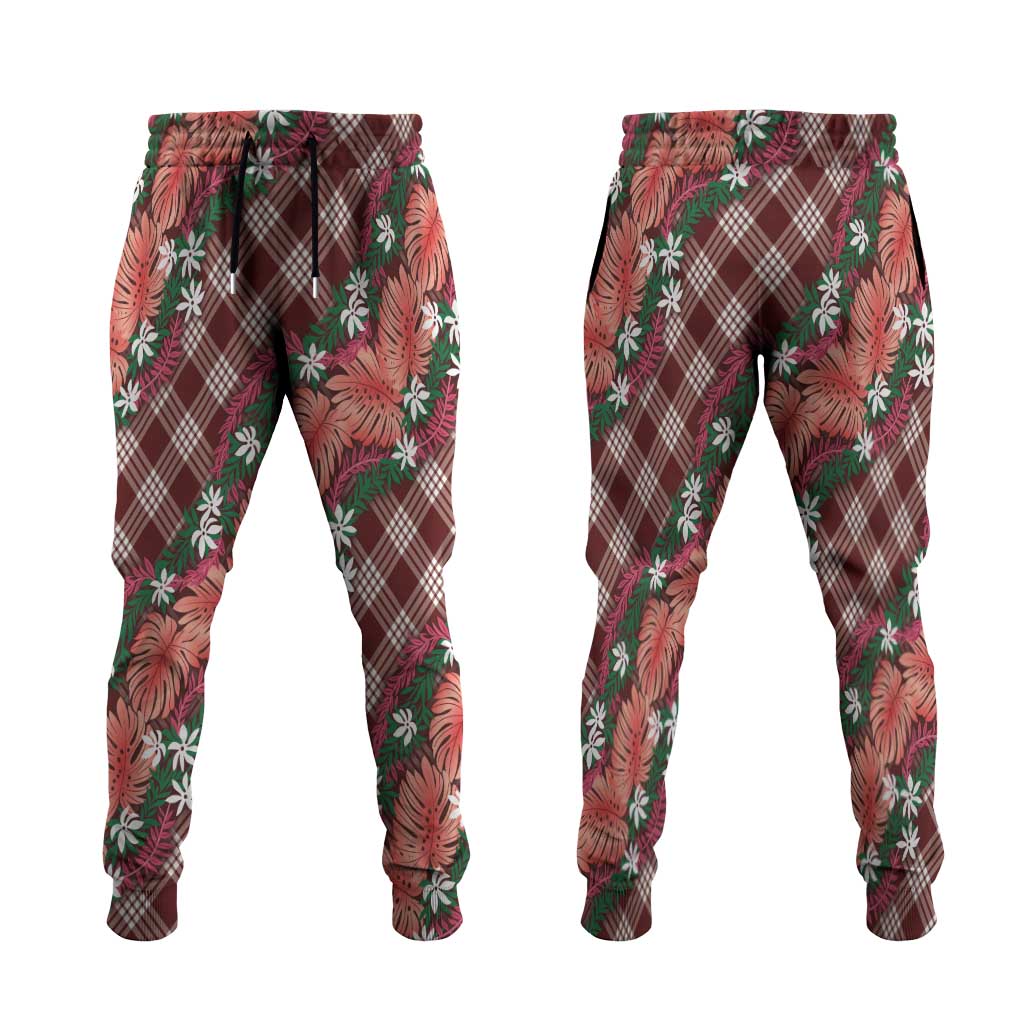 Polynesian Monstera Tiare Floral Jogger Pants Burgundy Tropical Plaid LT01 Red - Polynesian Pride