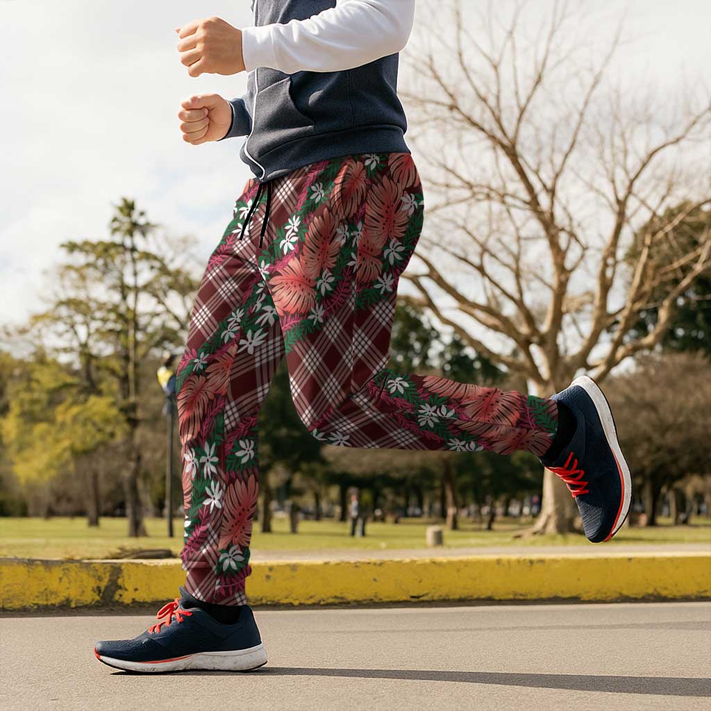 Polynesian Monstera Tiare Floral Jogger Pants Burgundy Tropical Plaid - Polynesian Pride