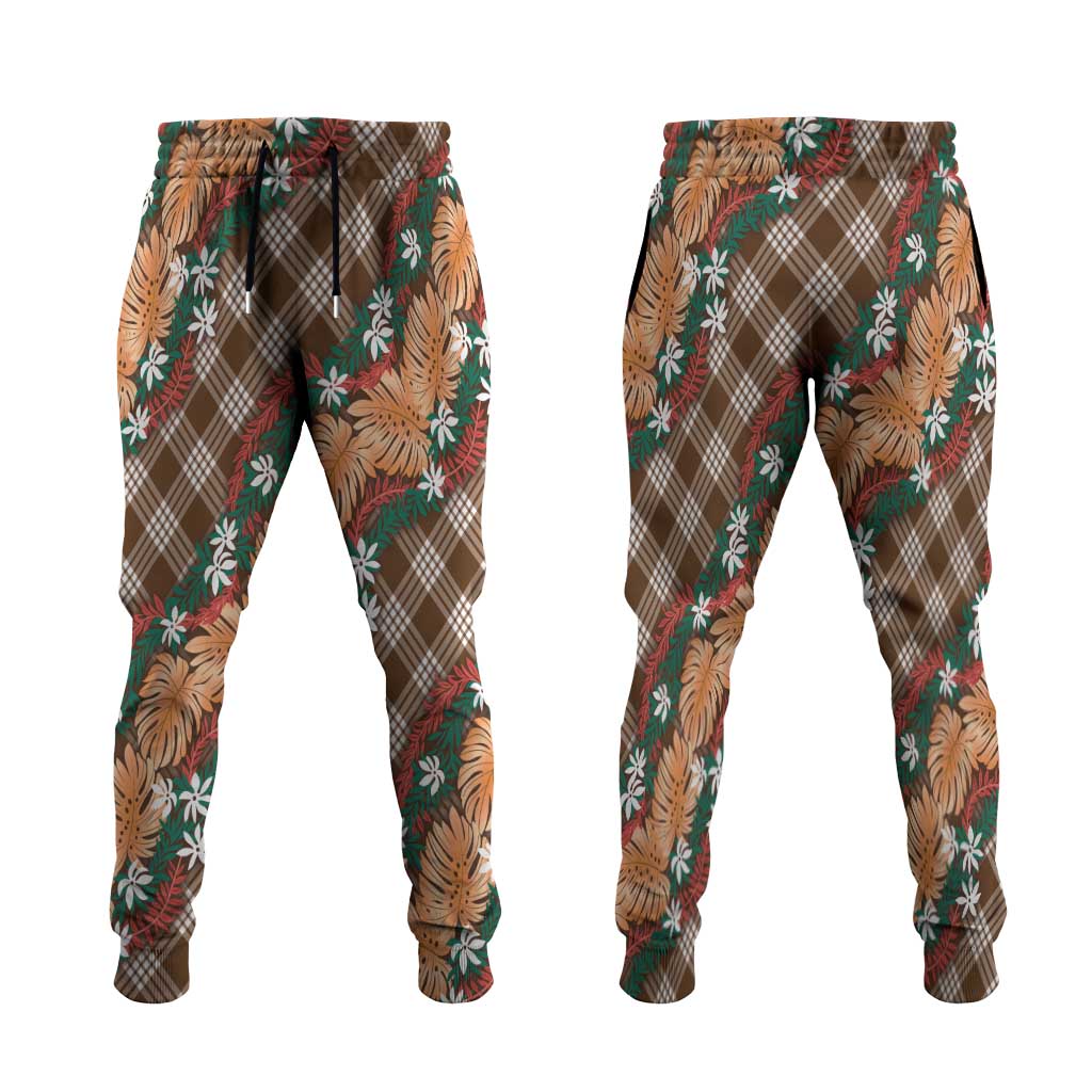 Polynesian Monstera Tiare Floral Jogger Pants Chocolate Brown Tropical Plaid LT01 Brown - Polynesian Pride
