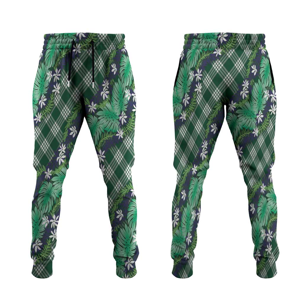 Polynesian Monstera Tiare Floral Jogger Pants Forest Green Tropical Plaid LT01 Green - Polynesian Pride