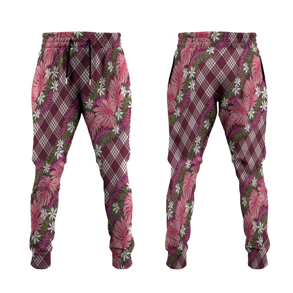 Polynesian Monstera Tiare Floral Jogger Pants Fuchsia Tropical Plaid LT01 Pink - Polynesian Pride